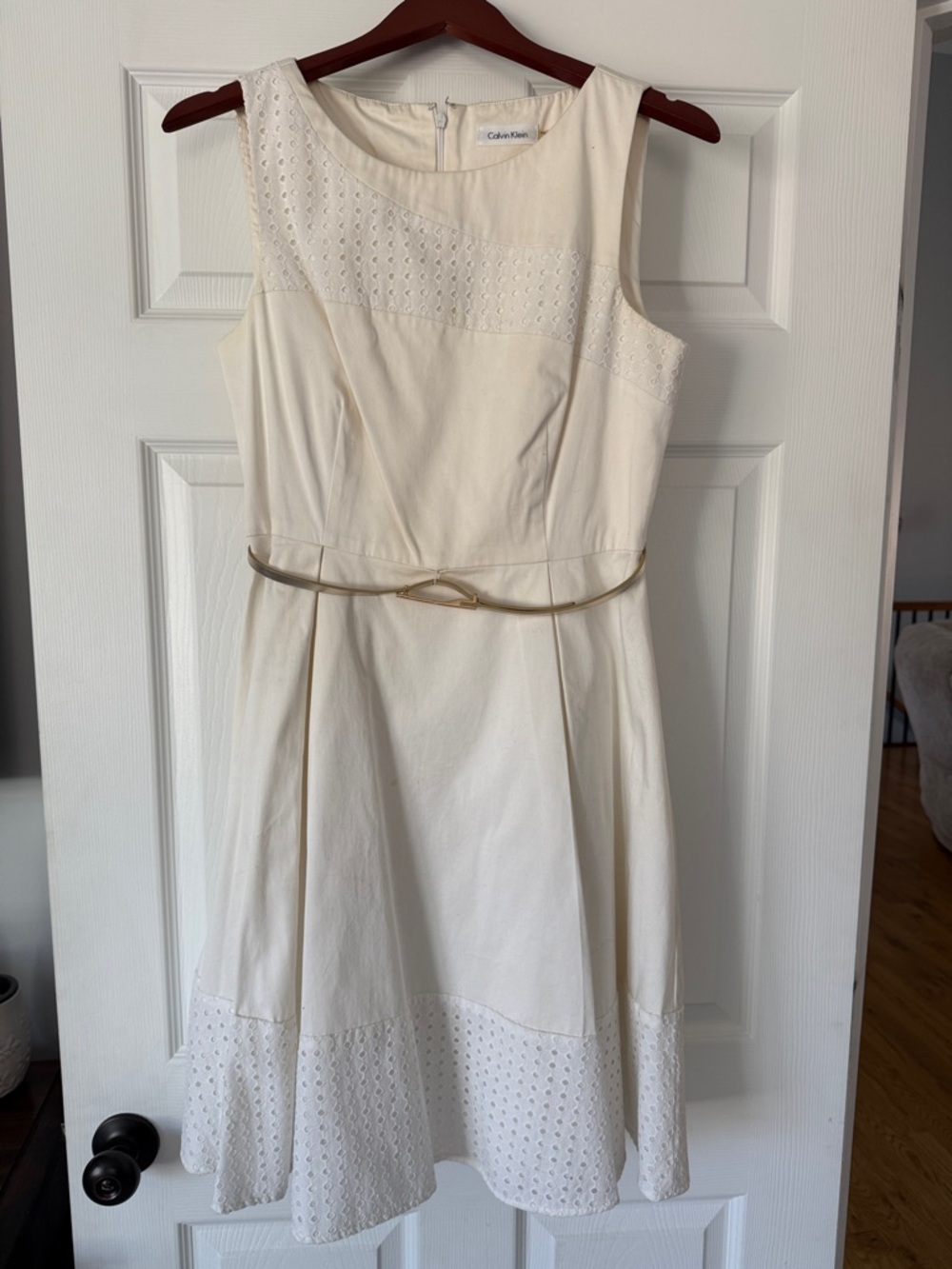 Calvin Klein Ivory Eyelet Fit-and-Flare Midi Dress with Gold Accent